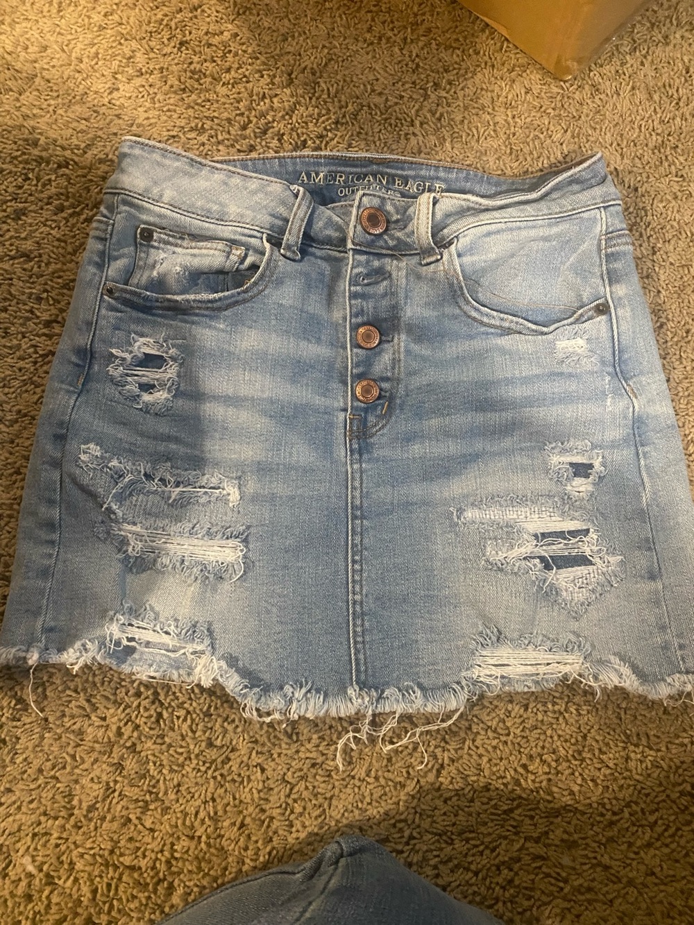 American Eagle Outfitters Light Blue Distressed Button-Front Denim Mini Skirt